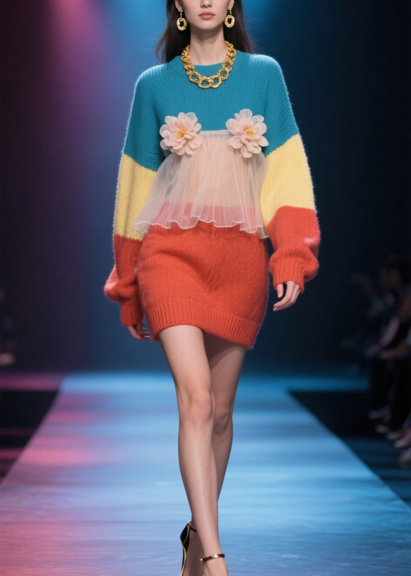 Loose Colorblock O Neck Tulle Knit Sweater Dress Winter