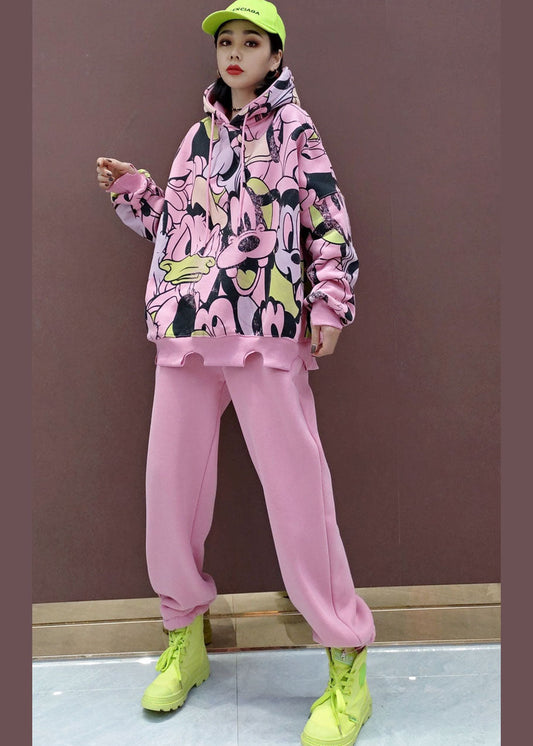 Pink Animal Print Warm Fleece Two Pieces Set Drawstring Spring