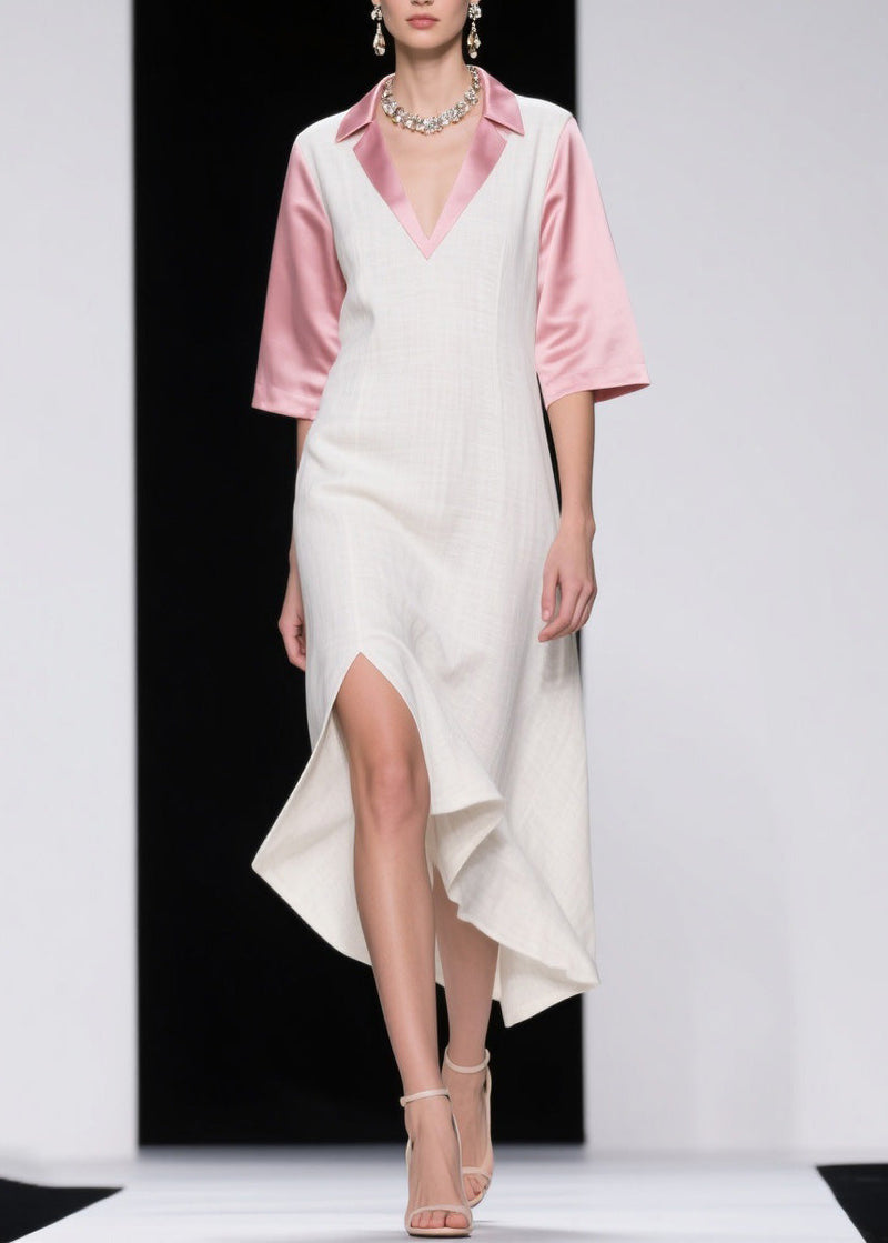 Colorblock Asymmetrical Patchwork Linen Silk Dresses Summer