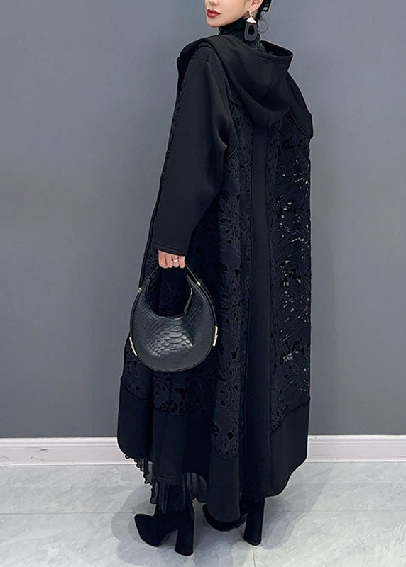 Black Pockets Hollow Out Maxi Hooded Trench Coats Long Sleeve Fall