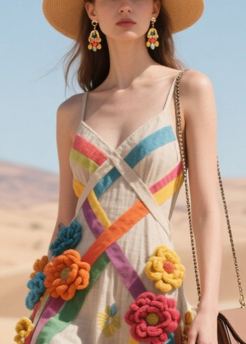 Art Multicolour Decorated Ribbon Cotton Sundress Summer