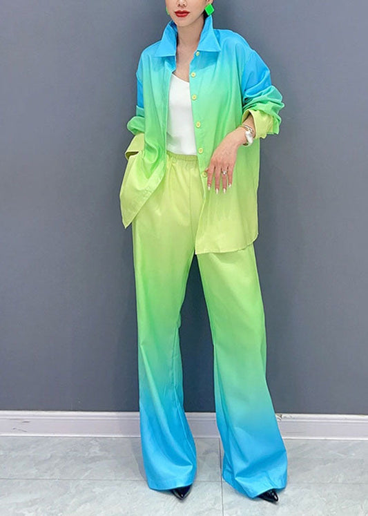 Gradient Color Yellow Peter Pan Collar Button Shirts and Pants Two Piece Set Fall