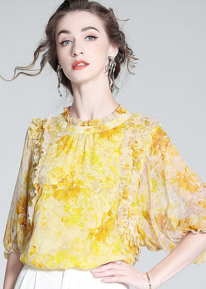 Yellow Ruffled Print Silk Blouse Tops Bracelet Sleeve