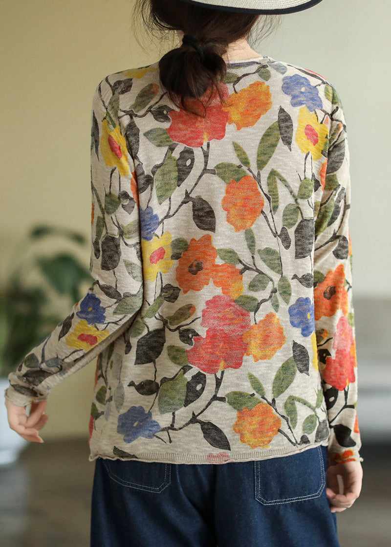 Blue O-neck Print Cotton Knitted Top Long Sleeve