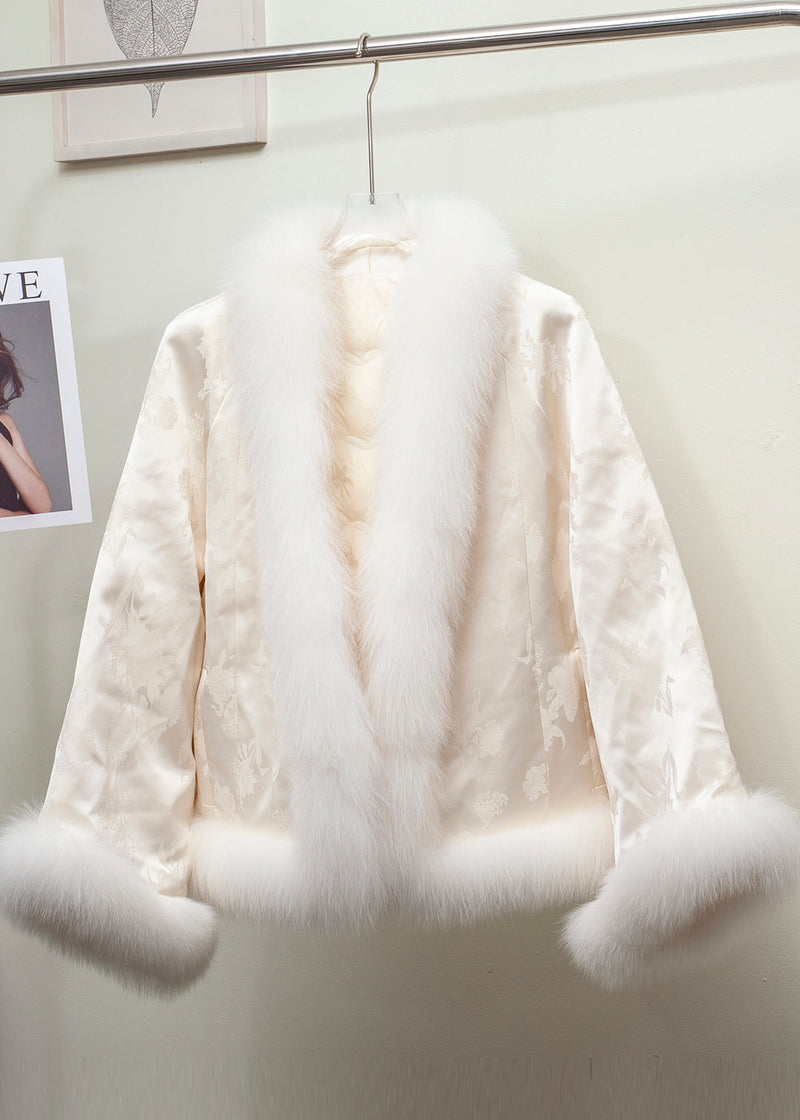 Black Jacquard Patchwork Fox Fur Duck Down Coat Winter