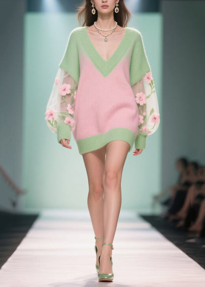Colorblock V Neck Patchwork Tulle Long Sweaters Fall