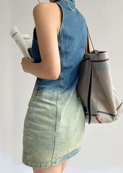 French Gradient Button Color Zip Up Denim Mid Dress Sleeveless