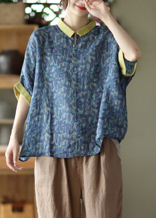 Navy Peter Pan Collar Print Ramie Top Summer