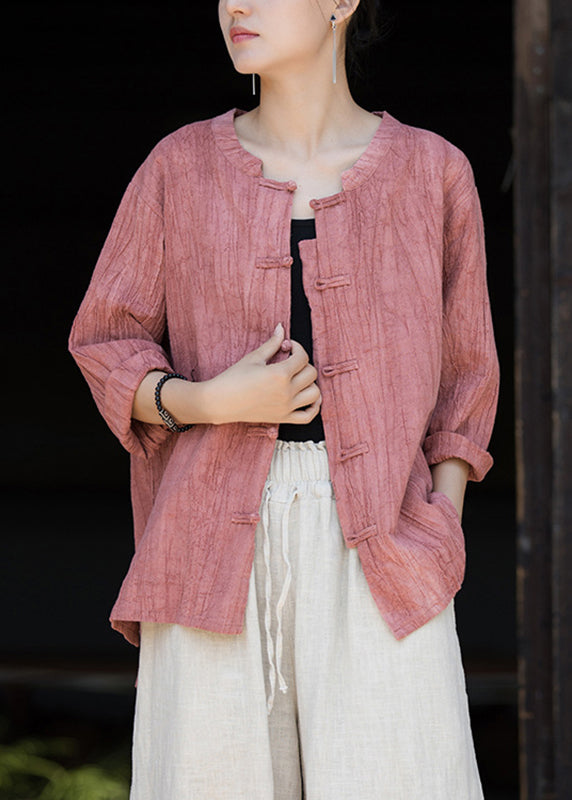 Pink O-neck Patchwork Tops Bracelet Sleeve