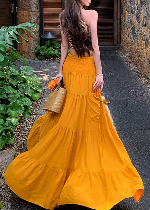 Yellow Cold Shoulder Vest and a Line Skirts Two Pieces Set Sleeveless