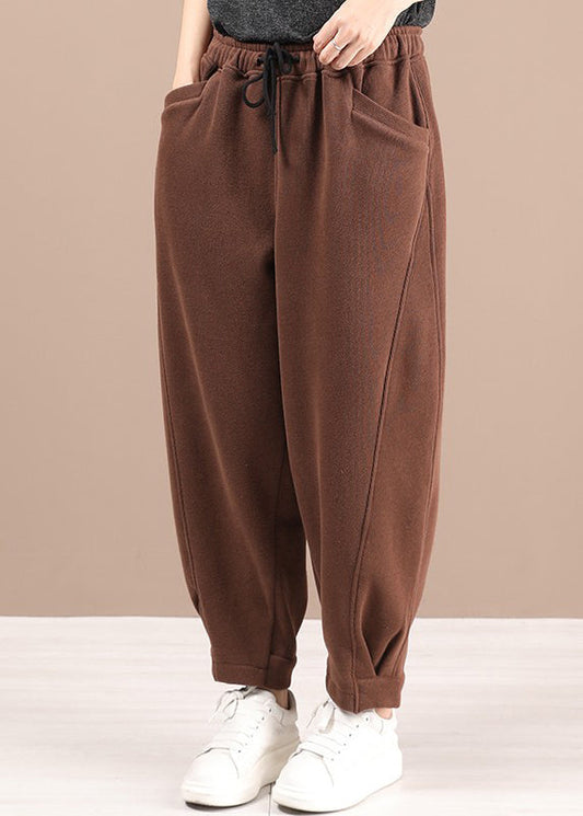 Coffee Pockets Elastic Waist Warm Fleece Pants Winter