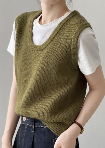 Simple Versatile Green U Neck Knitted Vest Autumn