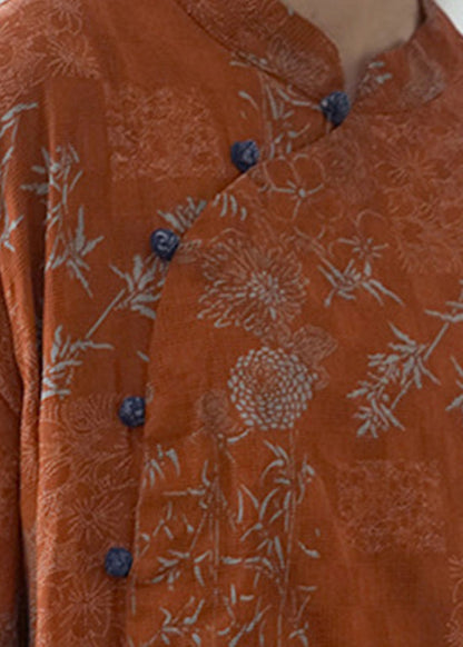 Orange Button Wrinkled Cotton Long Dress Half Sleeve