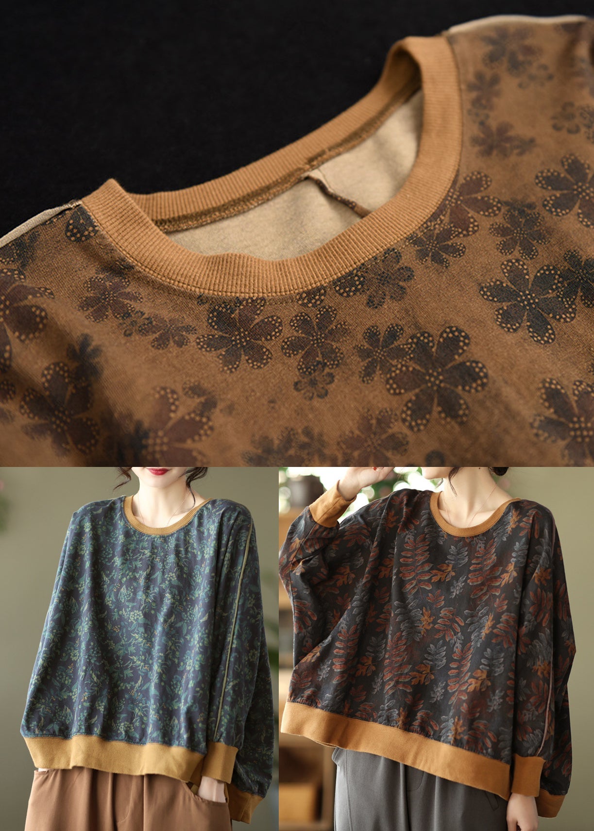 Loose Black O-neck Cotton Sweatshirt Top Batwing Sleeve