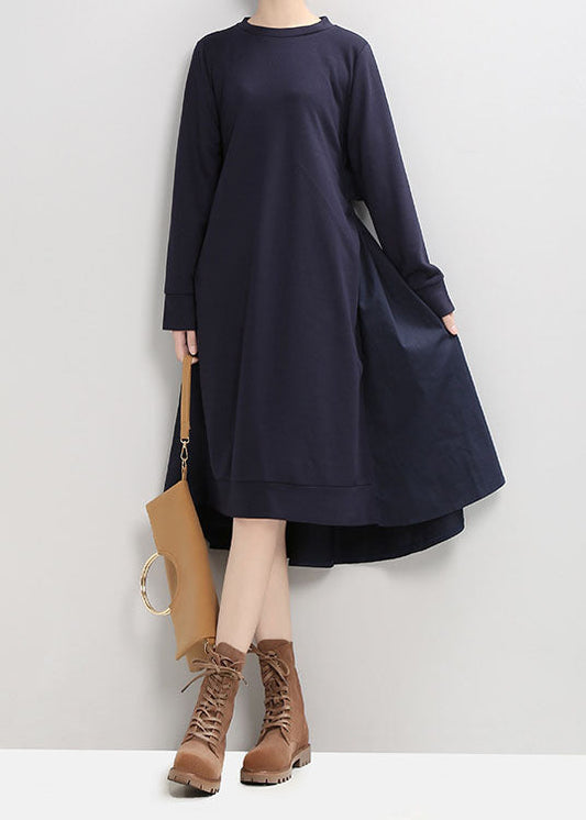 Italian Dark Blue O-neck Low High Design Cinched Vacation Dresses Spring
