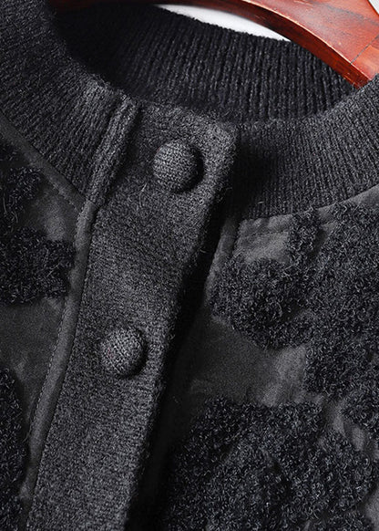French Black O-neck Button Silk Wool Patchwork Knit Coat Long Sleeve