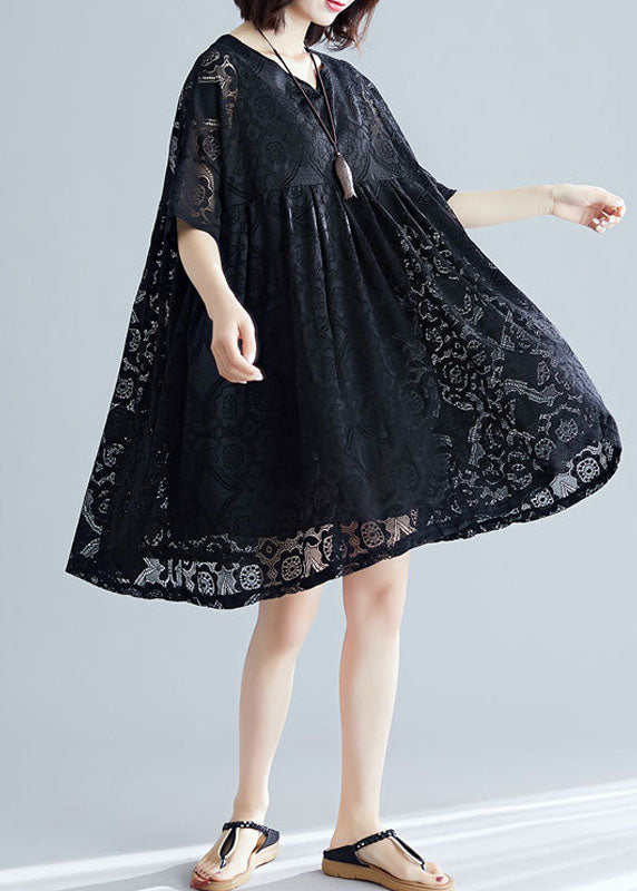 Black V Neck Wrinkled Exra Large Hem Lace a Line Dress Short Sleeve