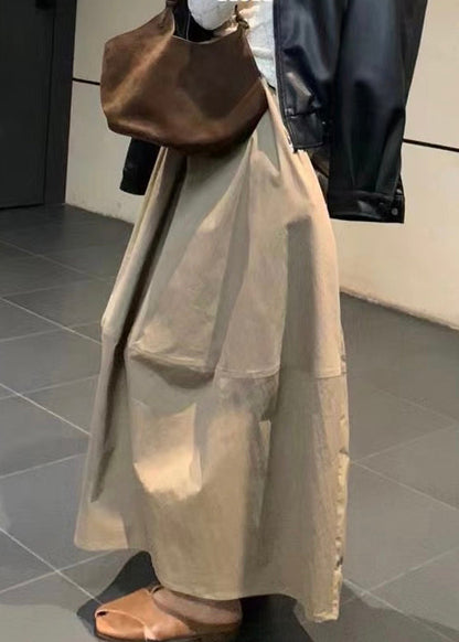 Simple Khaki Pockets Elastic Waist Cotton Skirts Fall