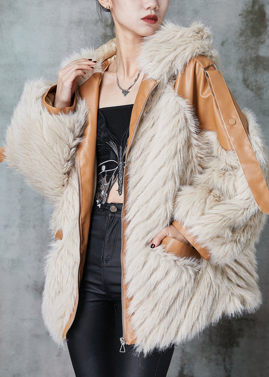 Handmade Apricot Hooded Patchwork Faux Leather and Fur Jacket Winter