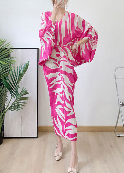 Diy Rose V Neck Print Wrinkled Maxi Dress Batwing Sleeve