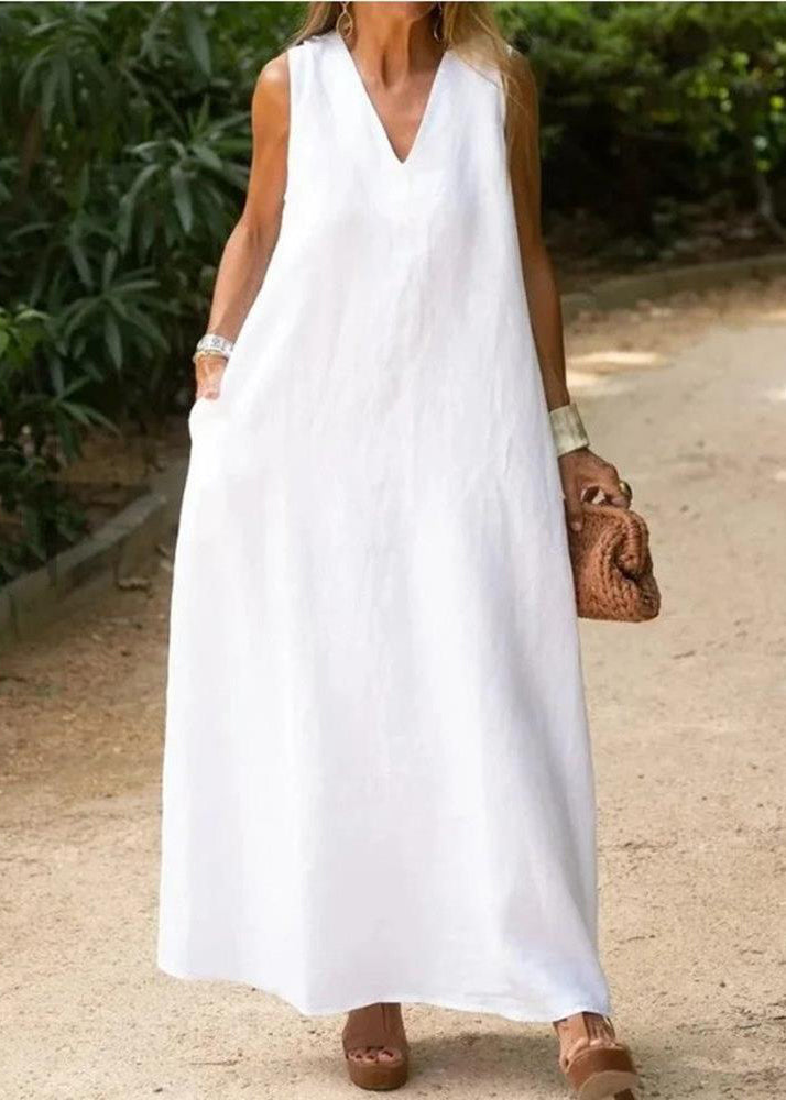 White V Neck Cotton a Line Dress Sleeveless Summer