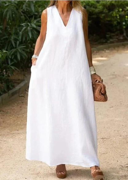 White V Neck Cotton a Line Dress Sleeveless Summer