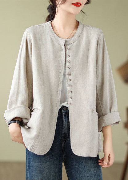 Linen O-neck Pockets Button Shirt Fall
