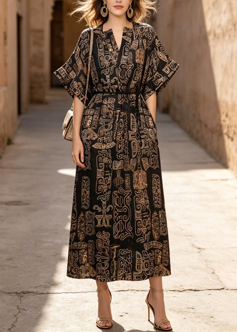 V Neck Print Pockets Cotton Dresses Summer