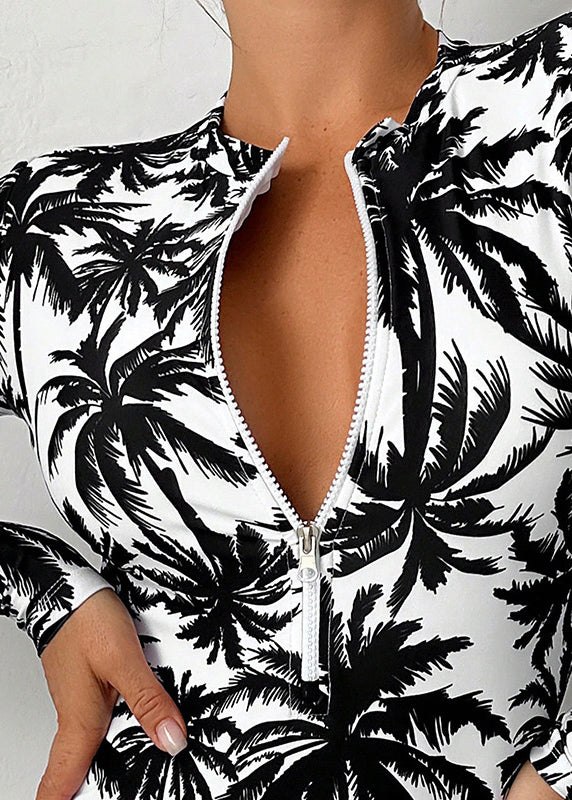 White Print Zippered Bodysuit Swimwear