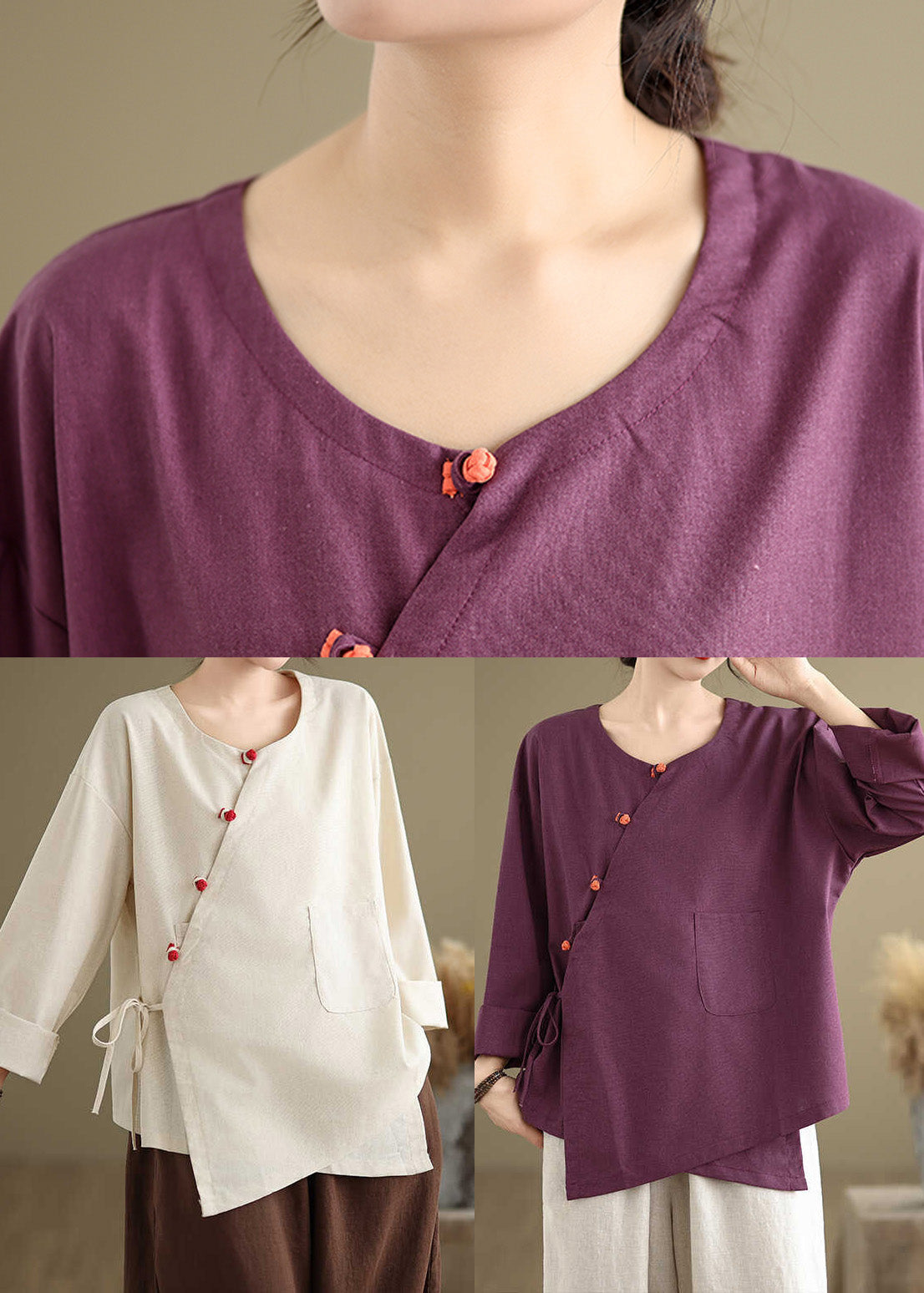 Purple Oversized Tie Waist Linen Shirts Spring