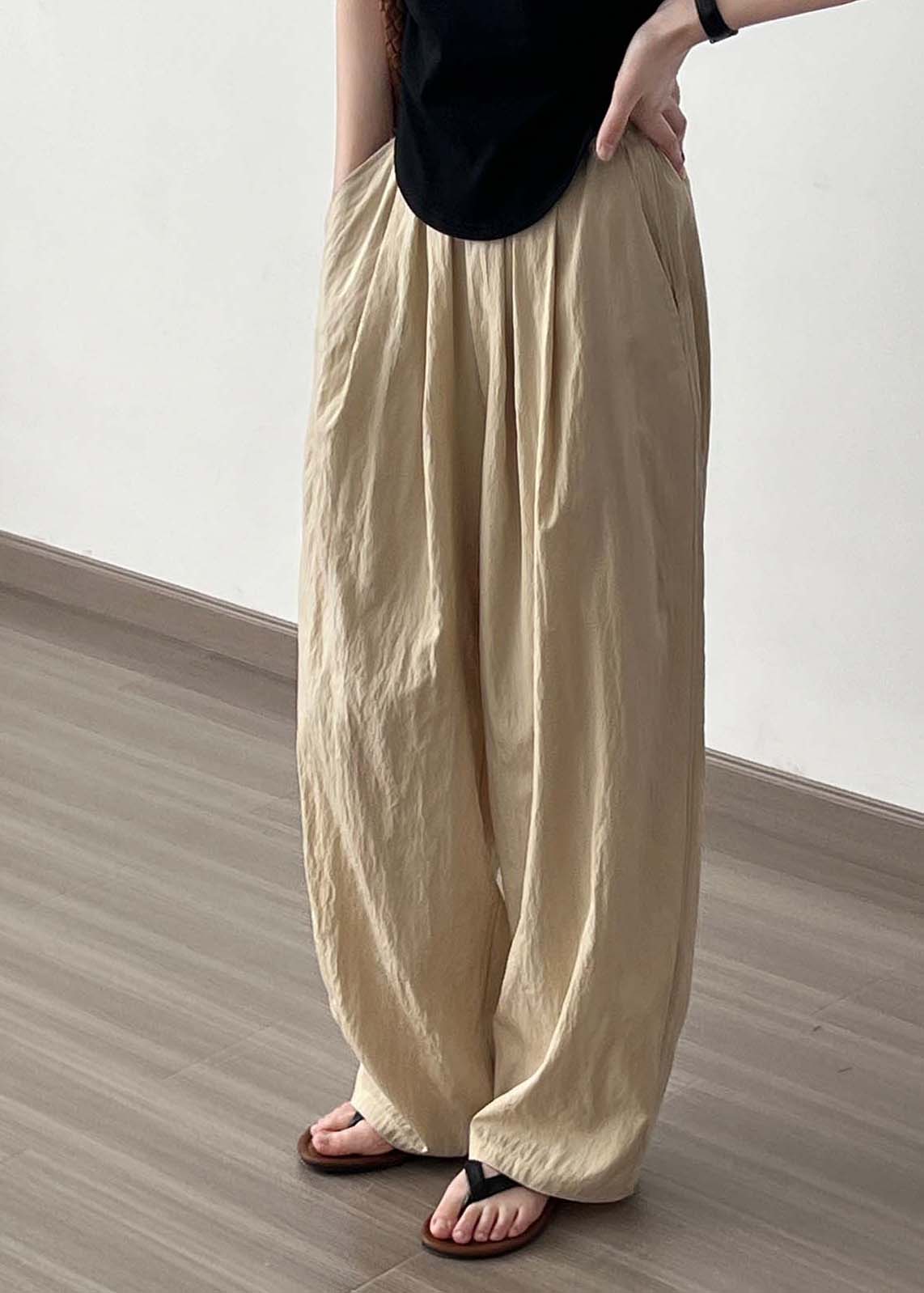 Khaki High Waist Wrinkled Cotton Wide Leg Pants Fall