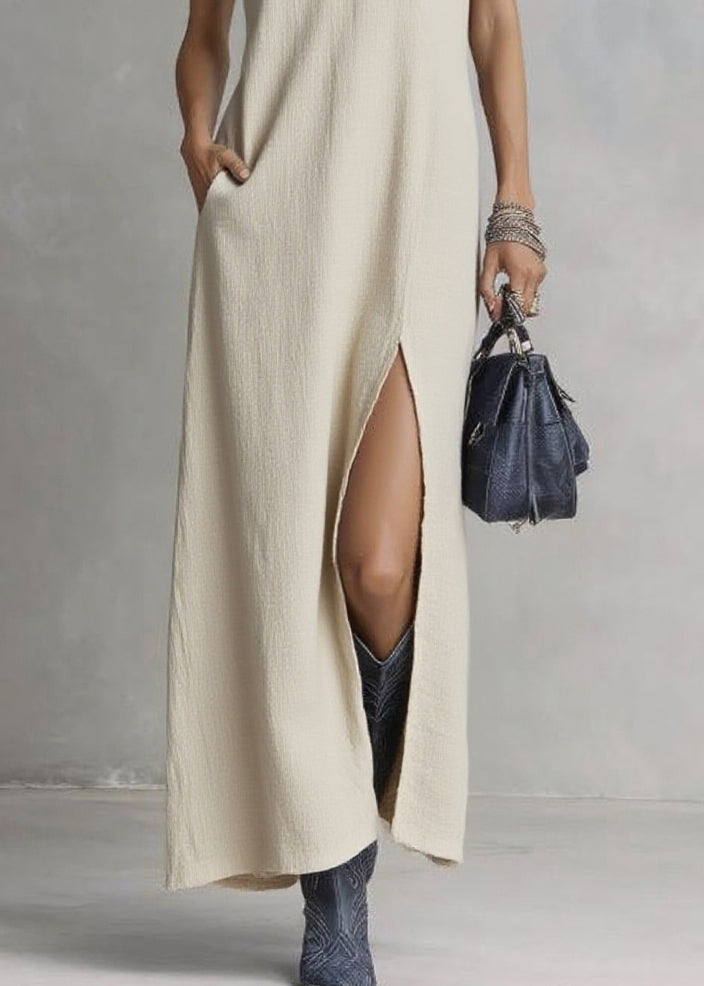 Brief Ramie V Neck Pockets Patchwork Maxi Dresses Summer