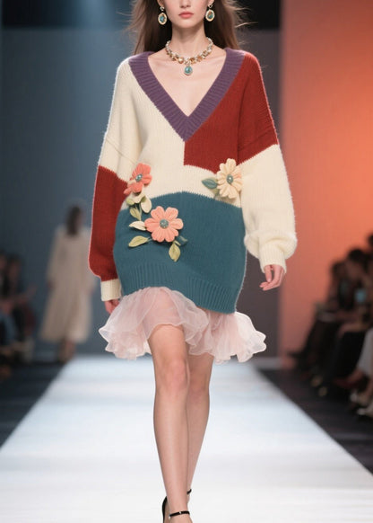 Colorblock V Neck Tulle Knit Sweater Dress Fall