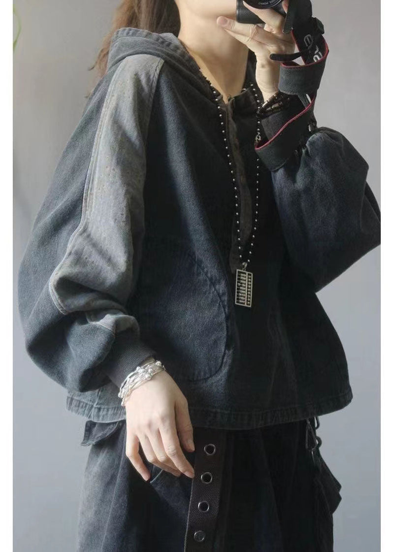 Hooded Pockets Button Fall Denim Sweatshirts