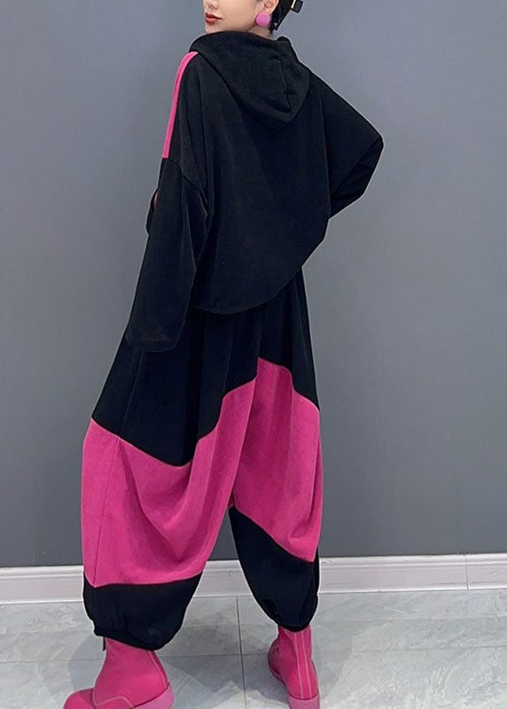 Pink Drawstring Patchwork Velour Hooded Top and Pants Two Pieces Set Fall