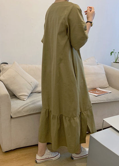 Green V Neck Patchwork Wrinkled Cotton Dress Short Sleeve