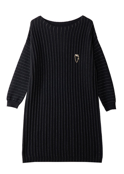 Handmade Black Striped Knit Pullover Dress Spring
