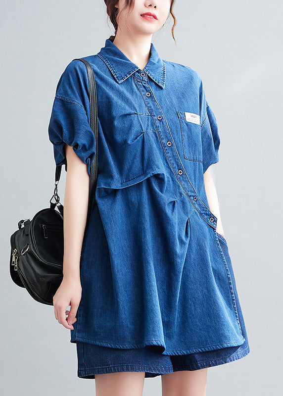 Denim Blue Peter Pan Collar Cotton Shirts and Shorts Two Pieces Set Summer