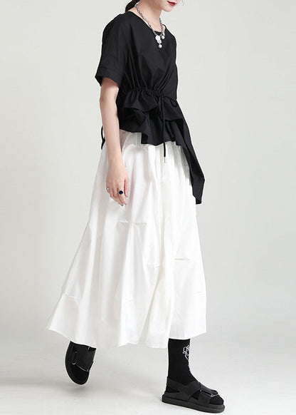 Style Black Elastic Waist Oversized Wrinkled Cotton a Line Skirts