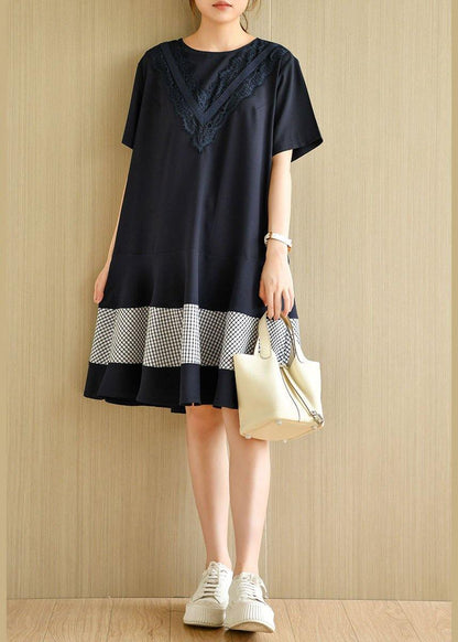 French Navy O-neck Patchwork Plaid Summer Vacation Dresses Short Sleeve