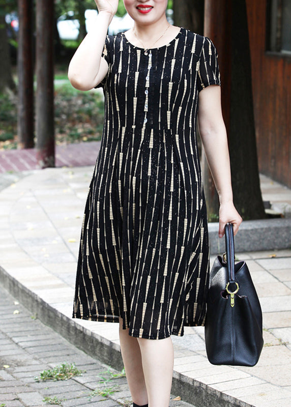 Yellow O-neck Striped Long Dress Short Sleeve