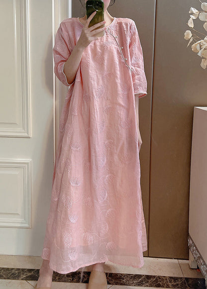 Handmade Pink O-neck Embroidered Linen Long Dresses Summer