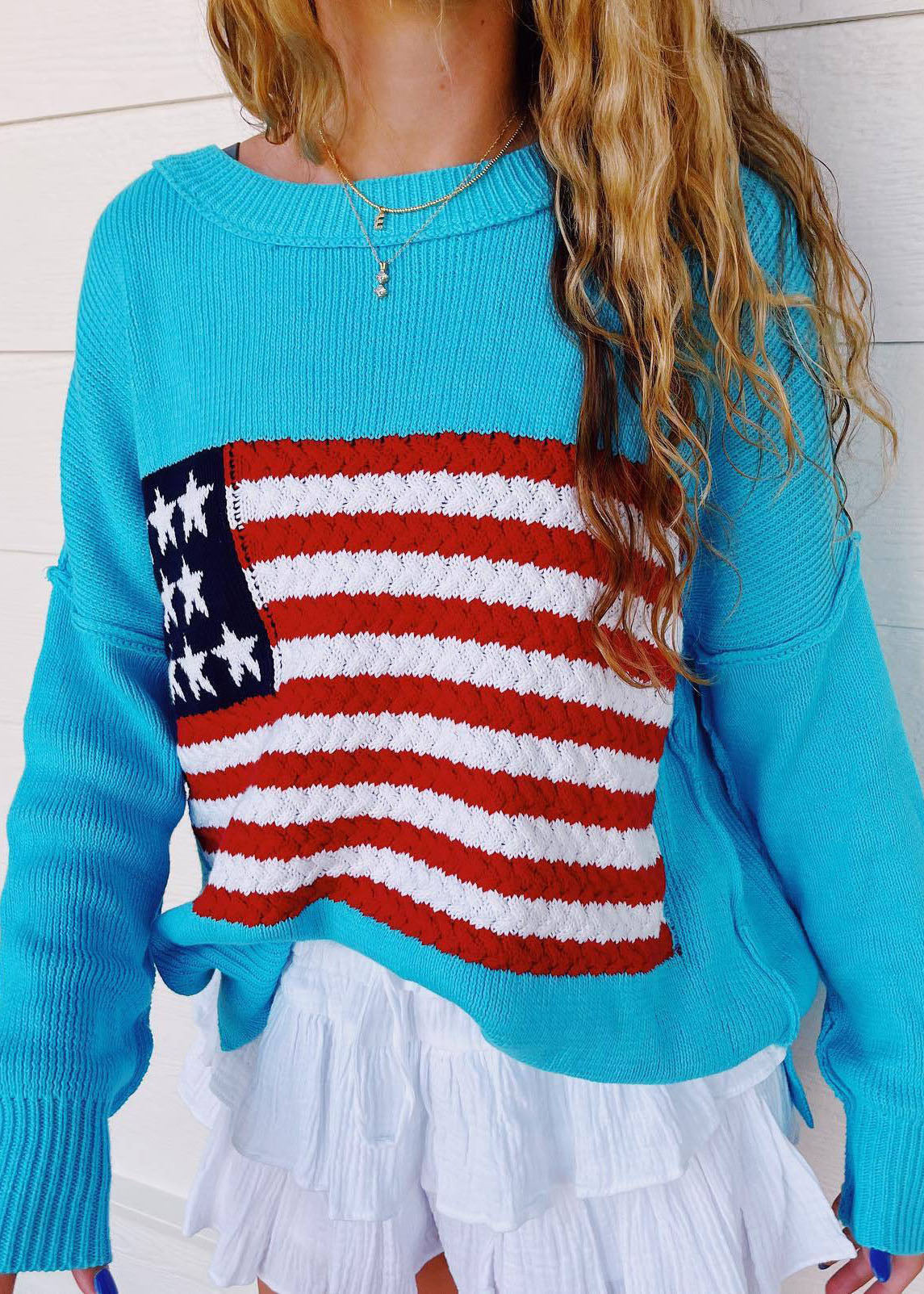 New White O Neck Striped Knit Pullover Spring