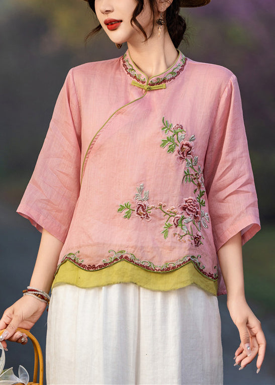 Pink Embroidered Button Linen Shirt Bracelet Sleeve