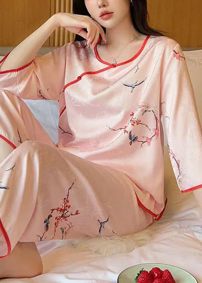 Pink O Neck Print Ice Silk Pajamas Two Pieces Set Half Sleeve
