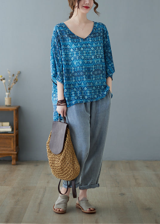 Loose Blue V Neck Low High Design Print Blouse Tops Half Sleeve