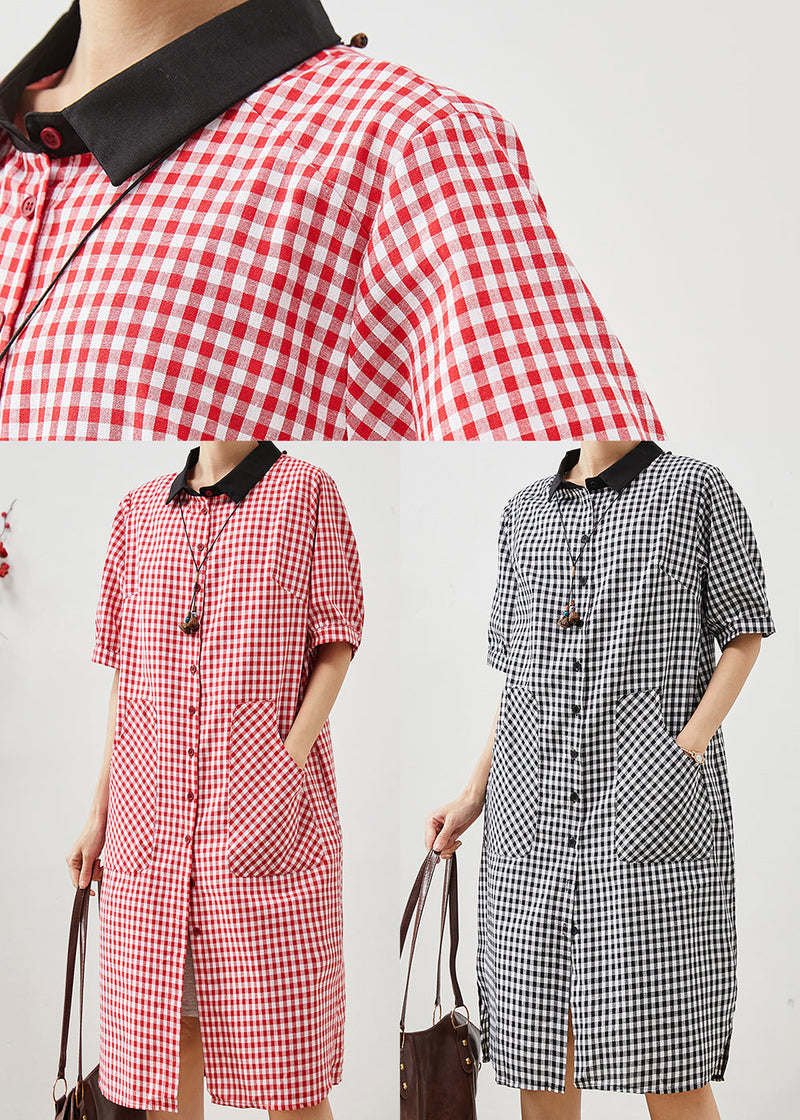 Grey Plaid Linen Shirt Dress Oversized Summer