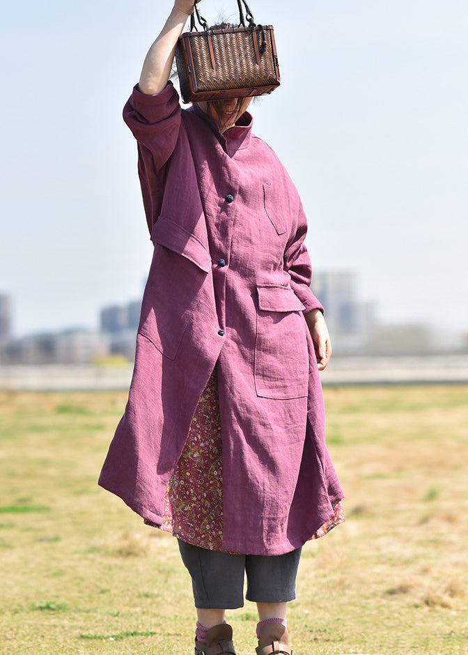 Black Stand Collar Pockets Linen Coat Fall