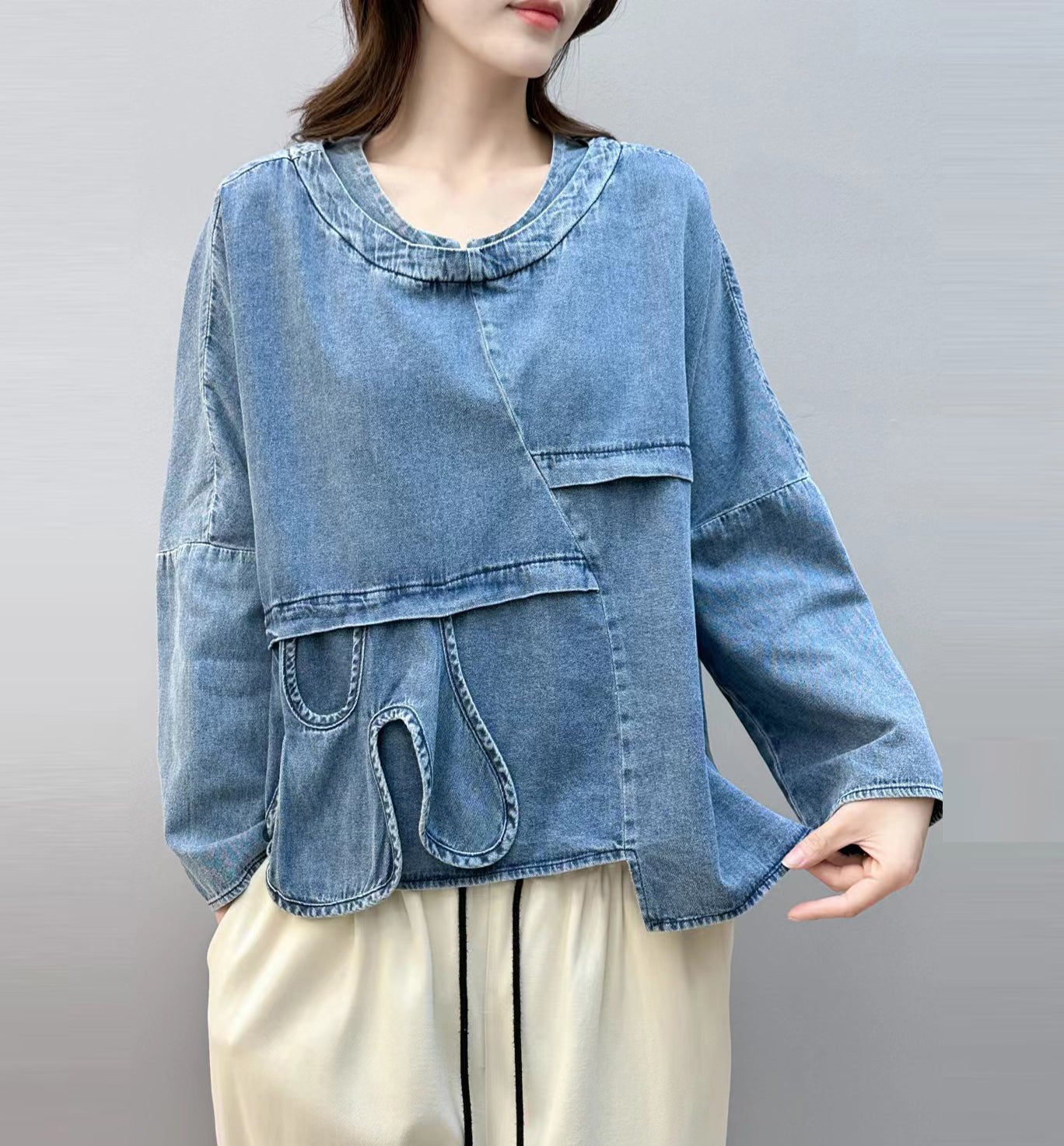 Blue Asymmetrical Patchwork Denim Shirt Tops Fall