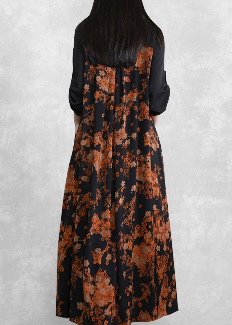 Orange Print Dresses Asymmetric V Neck Maxi Spring Dresses